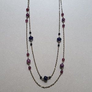 Two Chain Necklace with Purple & Blue Bead Accents